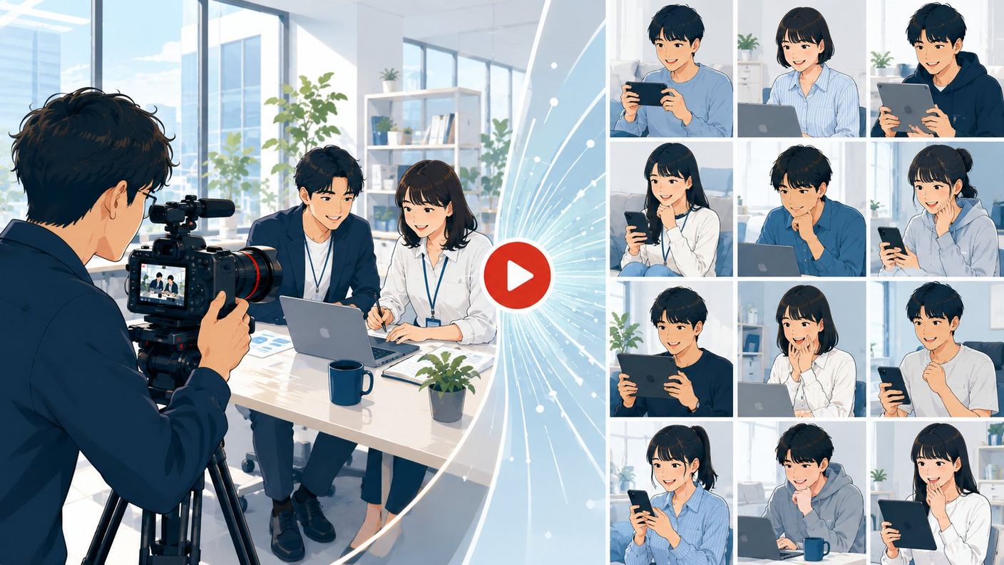 オフィスで先輩社員と業務しているインターン生をカメラマンが密着撮影しているシーンと、その動画を多くの学生がスマホ・PC・タブレットで視聴しているシーンを左右に配置したイラスト。1人の体験が大勢に届くスケール感を表現。