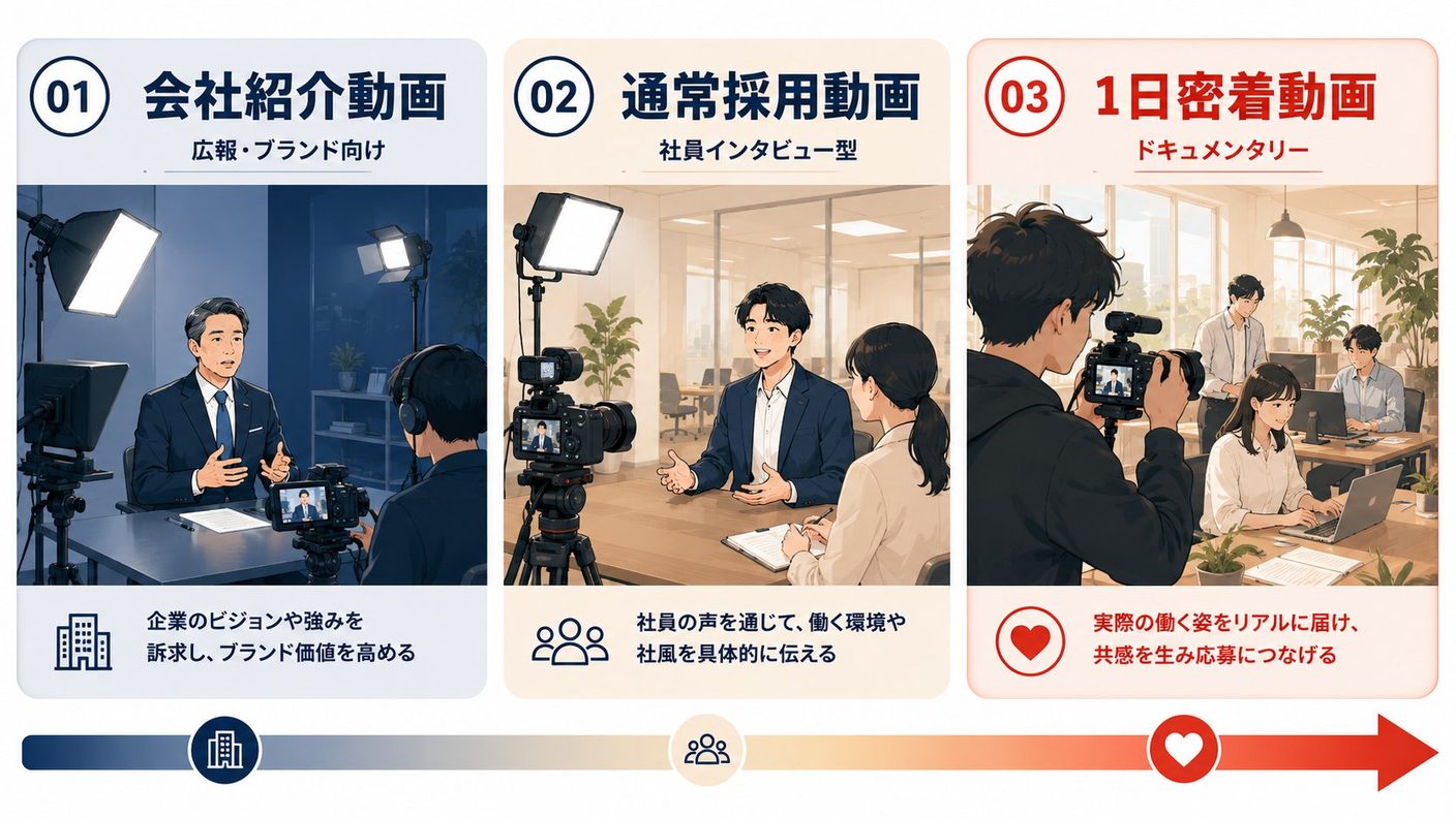 左側にスタジオで撮影される会社紹介動画の完璧で演出された撮影シーン、右側にオフィスで自然に業務をしている社員を1人のカメラマンが密着撮影しているシーンの対比イラスト。