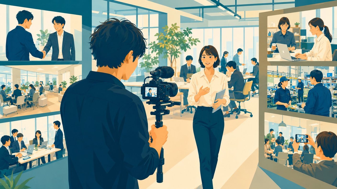 日本の現代企業オフィスでの1日密着動画撮影シーン。中央でビデオグラファーが社員に密着撮影中、周囲の複数ディスプレイに採用・広報・営業・社内・取引先・SNSの各方向に展開されるコンテンツが映る。1日密着動画が5方向に届く成長エンジンとなることを象徴する。