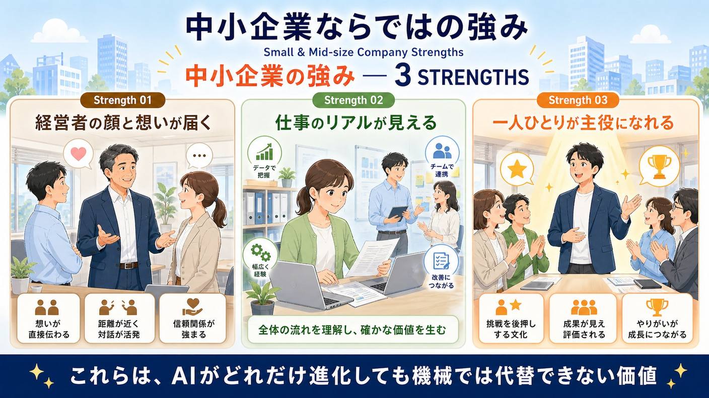 中小企業ならではの3つの強み─経営者の顔と想いが届く・仕事のリアルが見える・一人ひとりが主役になれる。AIがどれだけ進化しても機械では代替できない価値を視覚化した図解。