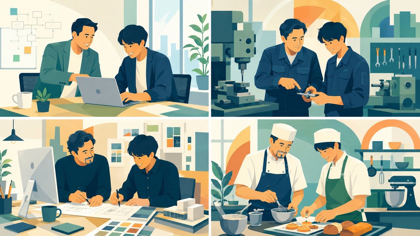 日本の中小企業4業種(ITスタートアップ・町工場・デザイン事務所・カフェ/パティスリー厨房)の現場で、経営者と若手社員が並んで作業・対話する4分割コンポジット写真。業種を問わず共通する「人と人の距離の近さ」と「一体感」を象徴する。