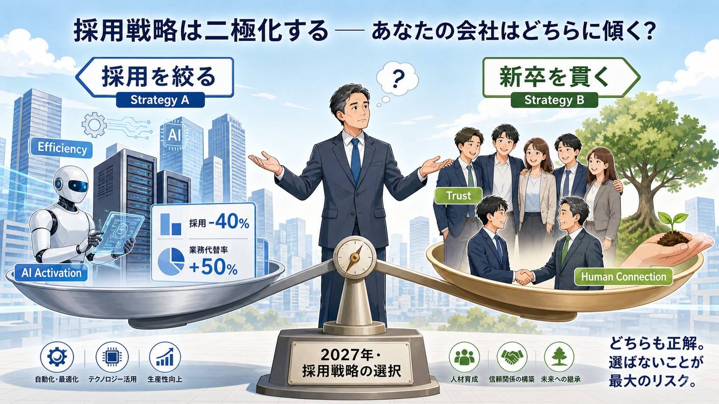 採用戦略は二極化する─経営者が天秤で「採用を絞る（Strategy A：効率重視・AI活用）」と「新卒を貫く（Strategy B：信頼関係・人材育成）」のバランスを検討する図解。どちらも正解。選ばないことが最大のリスク。