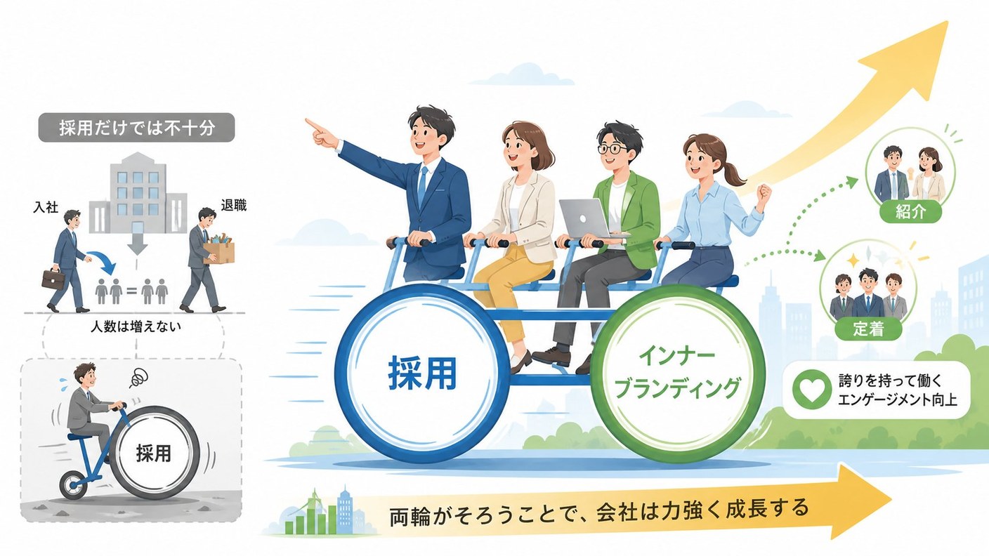 採用だけでは不十分（一輪車では進まない）vs 採用とインナーブランディングが両輪として揃うことで会社が前進する図解