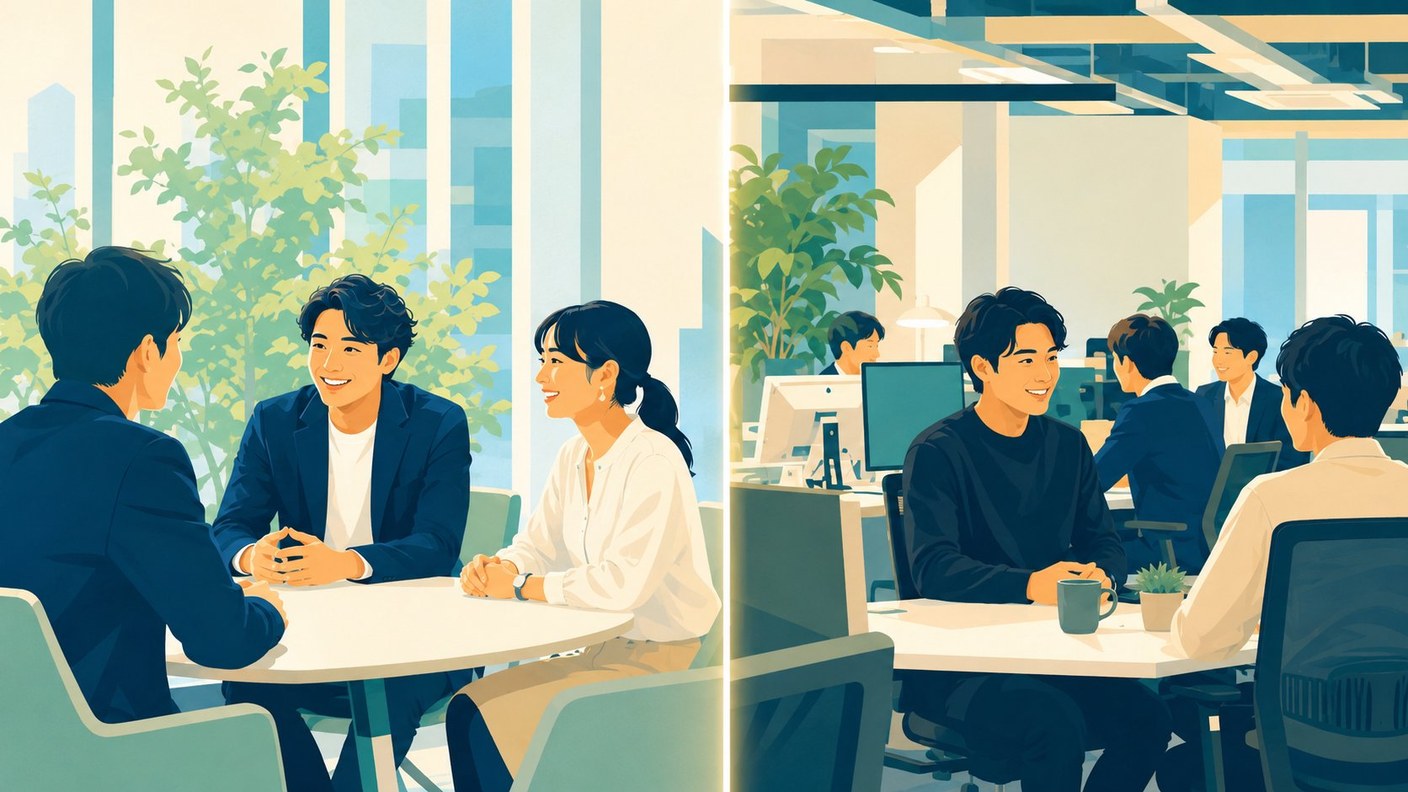 採用候補者向けの明るいミーティングシーン(外向き=採用)と、社員同士が自然体でコミュニケーションするオフィスの様子(内向き=インナーブランディング)を対比したドキュメンタリー写真。撮影で効果が変わる2つの軸を象徴する。