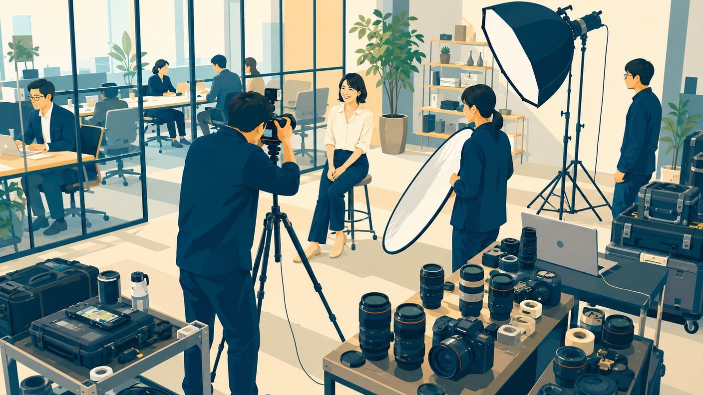 日本のクリエイティブな撮影現場のドキュメンタリー写真。プロのカメラマンが企業オフィス内で社員を撮影中、アシスタントがレフ板を持ち、ソフトボックスのライティング、手前には整然と並ぶ多数のカメラレンズ。採用を絞った今こそできる、撮影への長期的投資を象徴する。