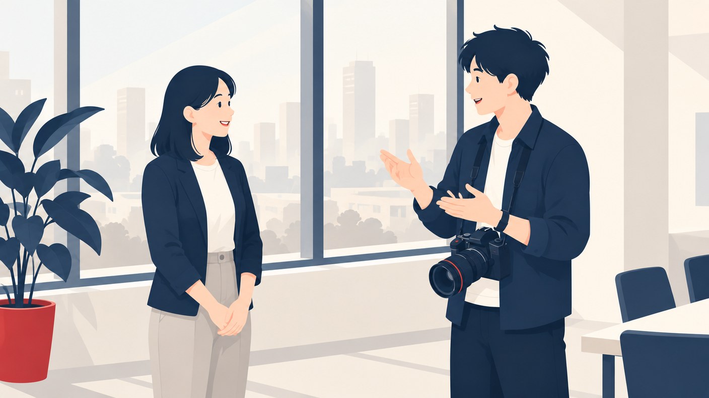 オフィスで撮影の人選を相談する採用担当者と、カメラを手にしたカメラマンのイラスト