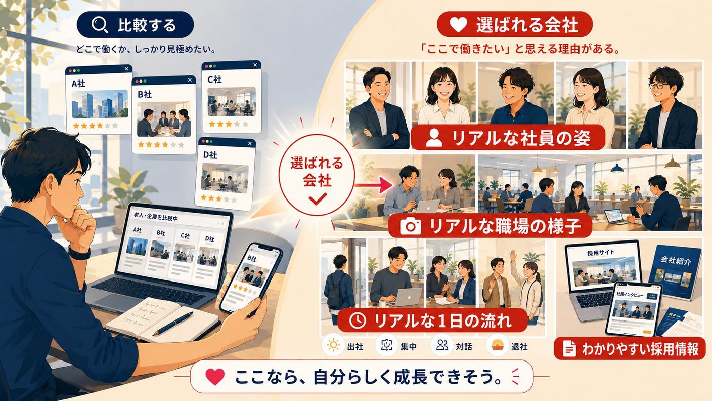 左側に転職活動中のビジネスパーソンが複数の企業を比較検討しているシーンと、右側にその中で選ばれた会社の温かいオフィス内部の対比イラスト。夏の自然光の中で、選ばれる会社の共通点を視覚化。