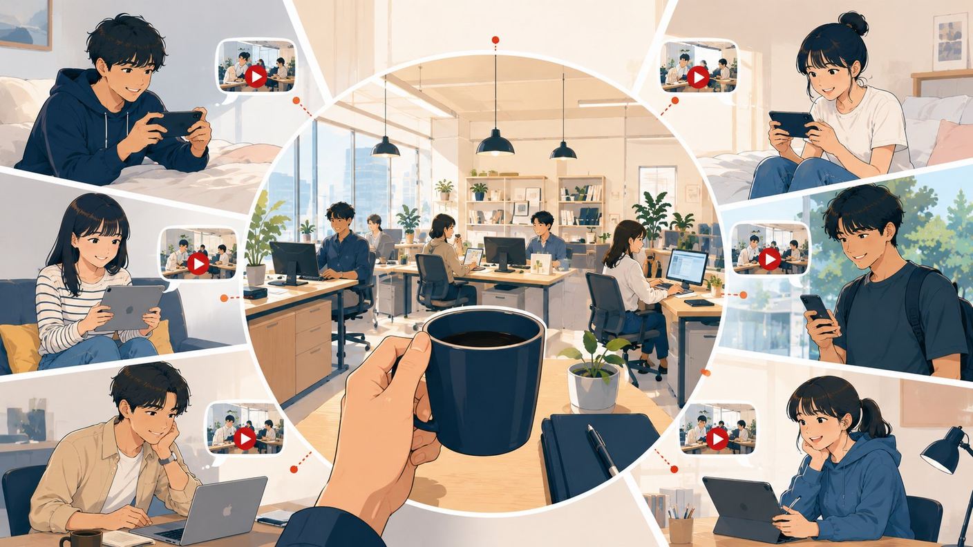 インターン生が体感している会社の景色を、多くの学生が動画で共有しているイラスト。中央にインターン生の一人称視点の業務シーン、周囲に多様な就活生がスマホ・タブレットで視聴している様子。