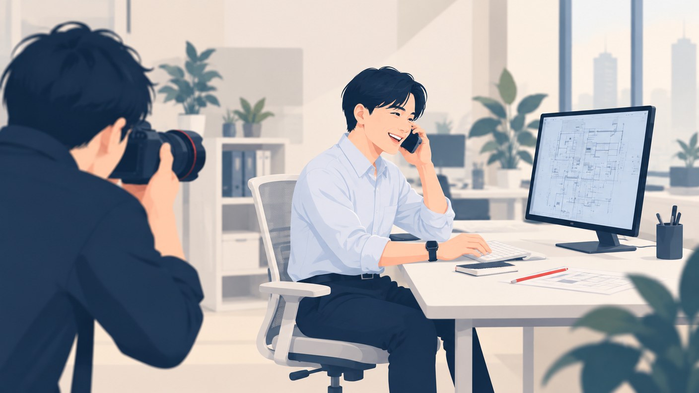 図面のような画面を表示したモニターの前で、電話をしながら仕事をする男性社員を、カメラマンが撮影しているイラスト