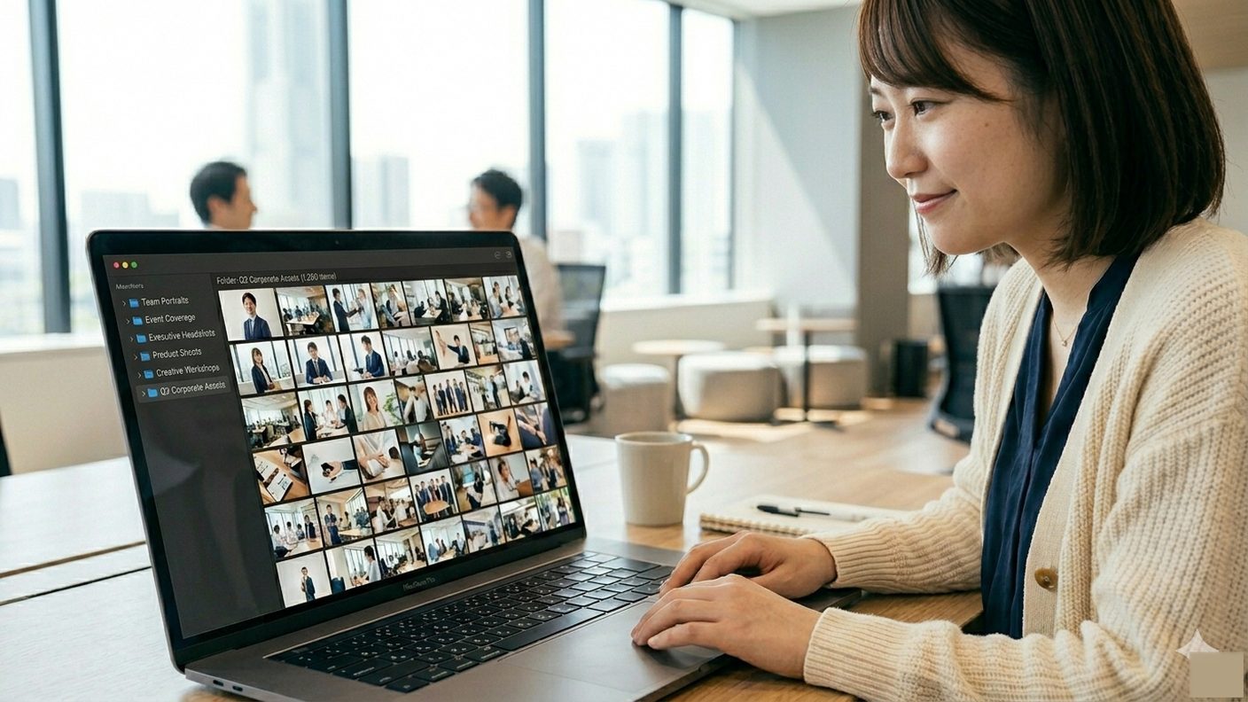 大量の写真素材をパソコンで確認する担当者
