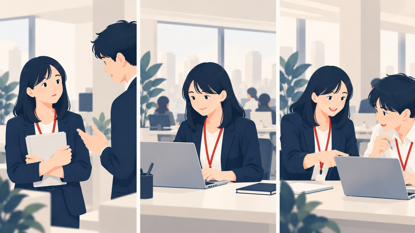 同じ女性社員が、新人として先輩に教わる姿、ひとりで仕事をする姿、後輩に仕事を教える姿の3場面を並べたイラスト