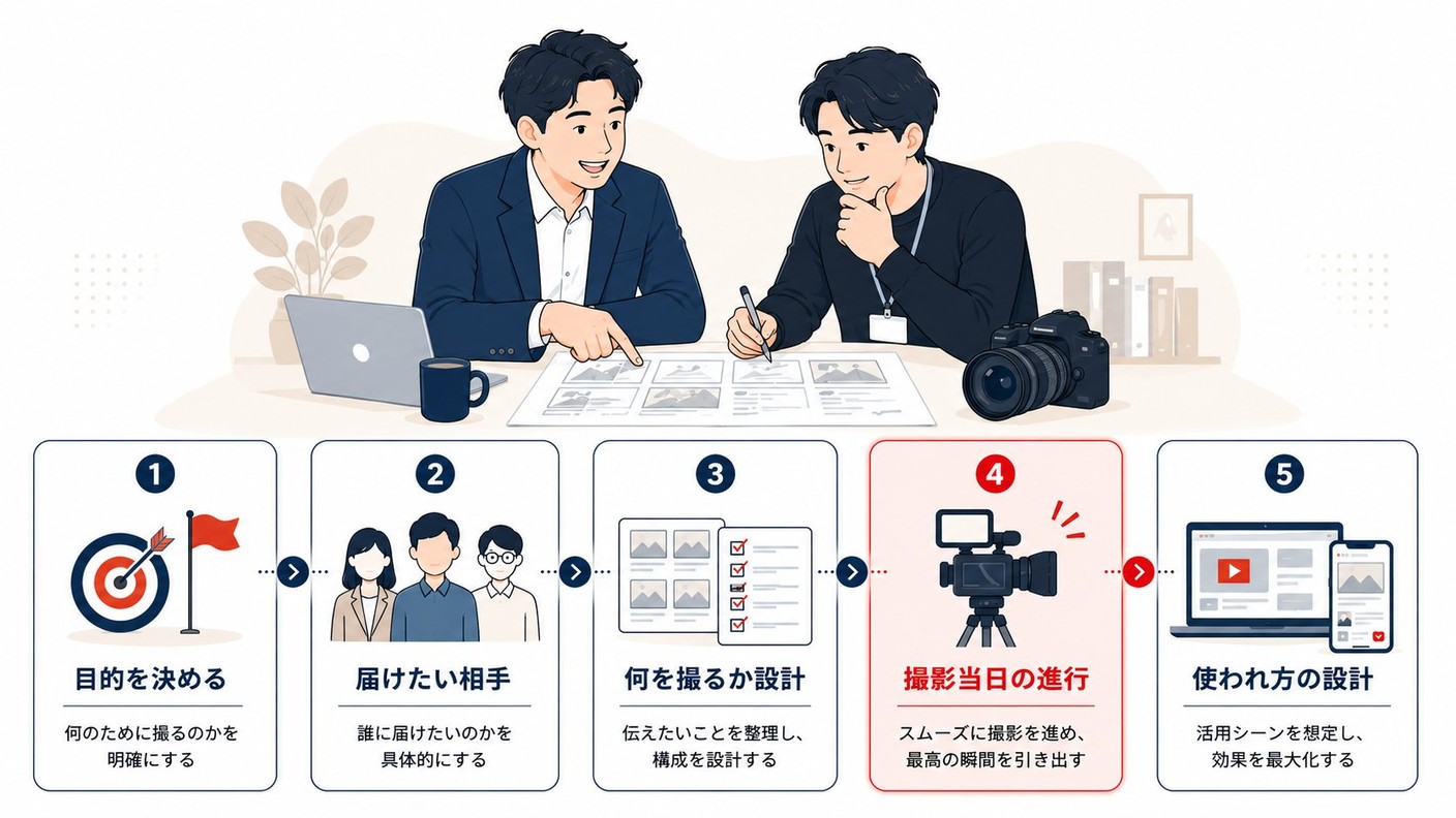 撮影ディレクションの5つの仕事を示す図。目的の整理、届けたい相手、何を撮るか、当日の進行、使われる状態づくり、という撮影前後の流れを表したイラスト。