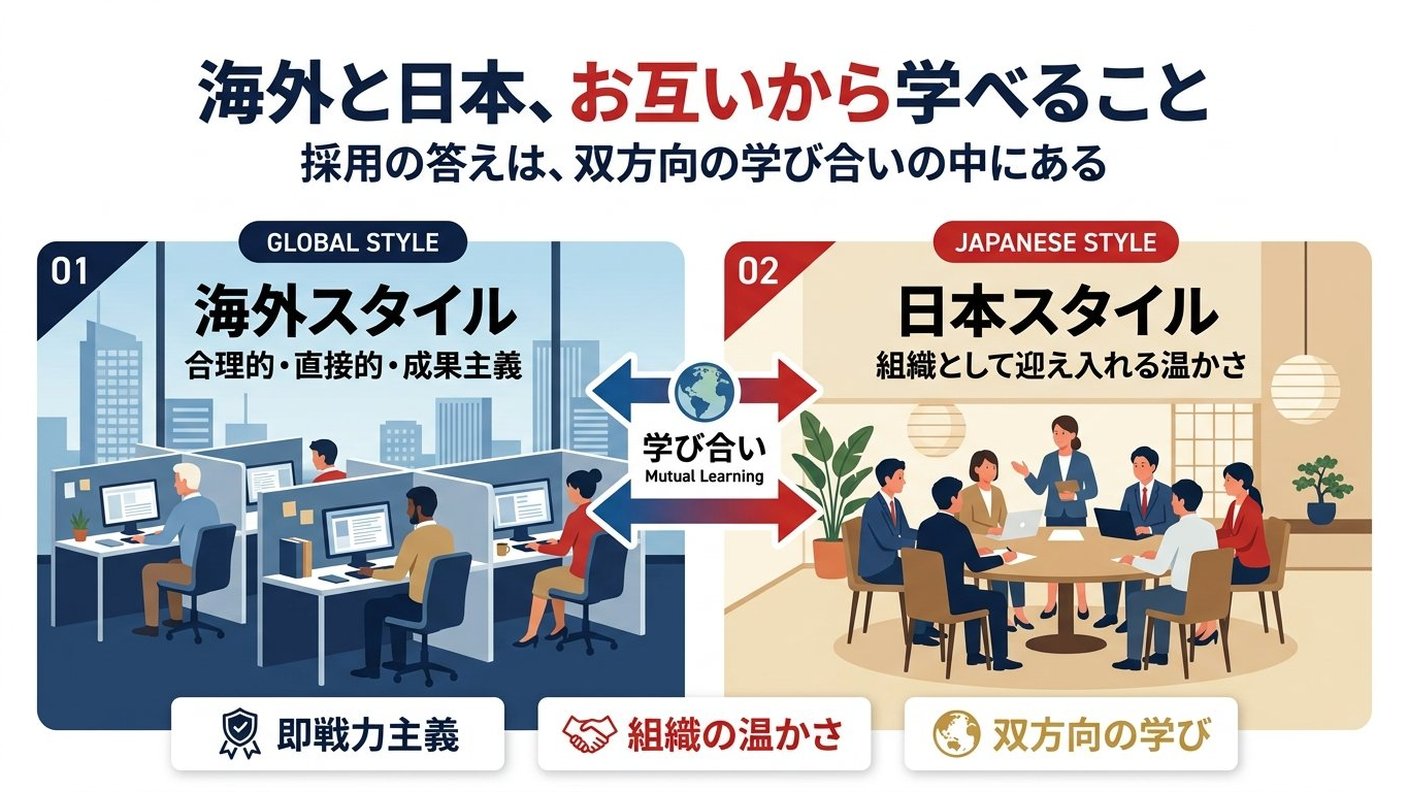 海外の採用文化と日本の採用文化を並列で描いたイラスト。左側はカメラマンが社員を撮影する海外スタイルのドキュメンタリー的な現場、右側はチームで新入社員を迎え入れる日本スタイルの温かいシーン。両方とも肯定的に描かれている。