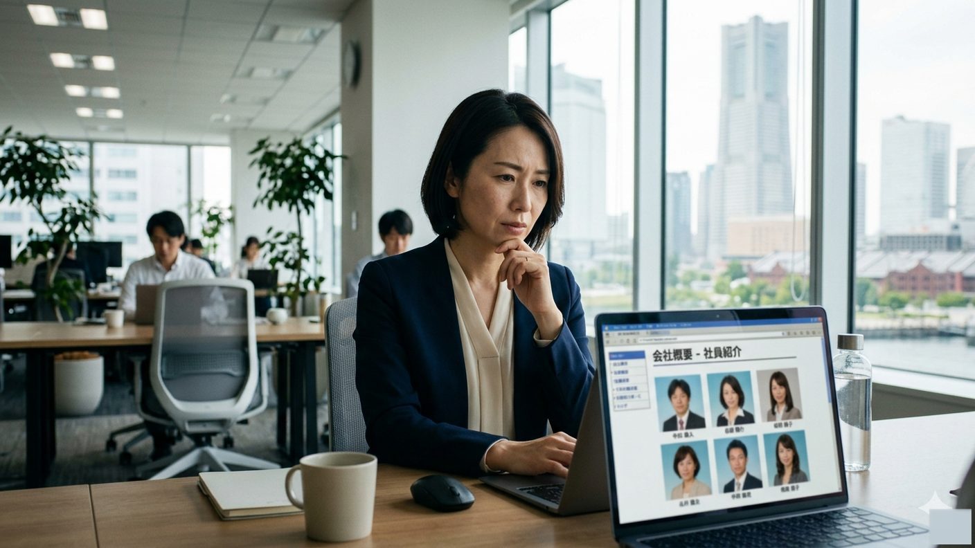 古い社員写真が掲載されたコーポレートサイトを見て考え込む担当者